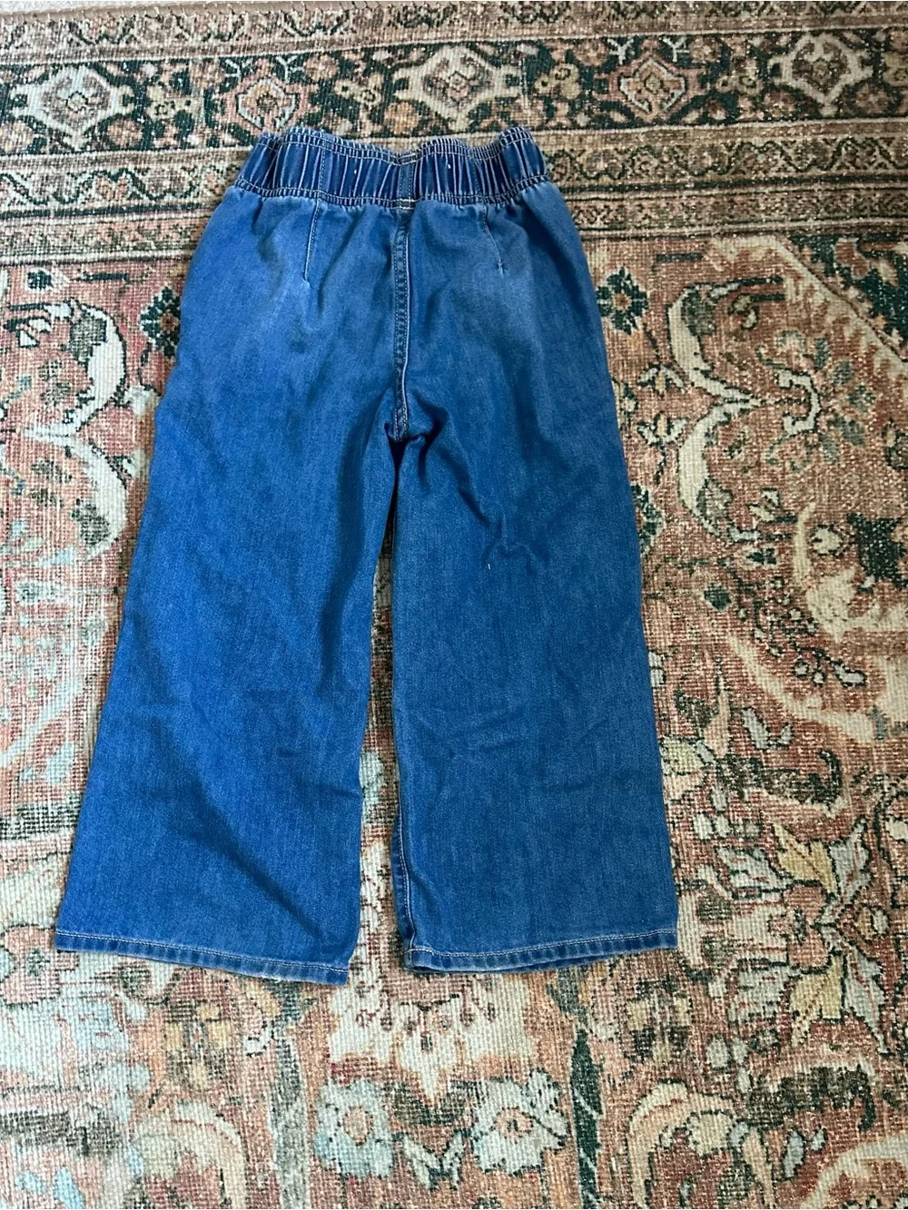 Old Navy Kids Wide-Leg Pull-On Jeans in Medium Blue with White Drawstring